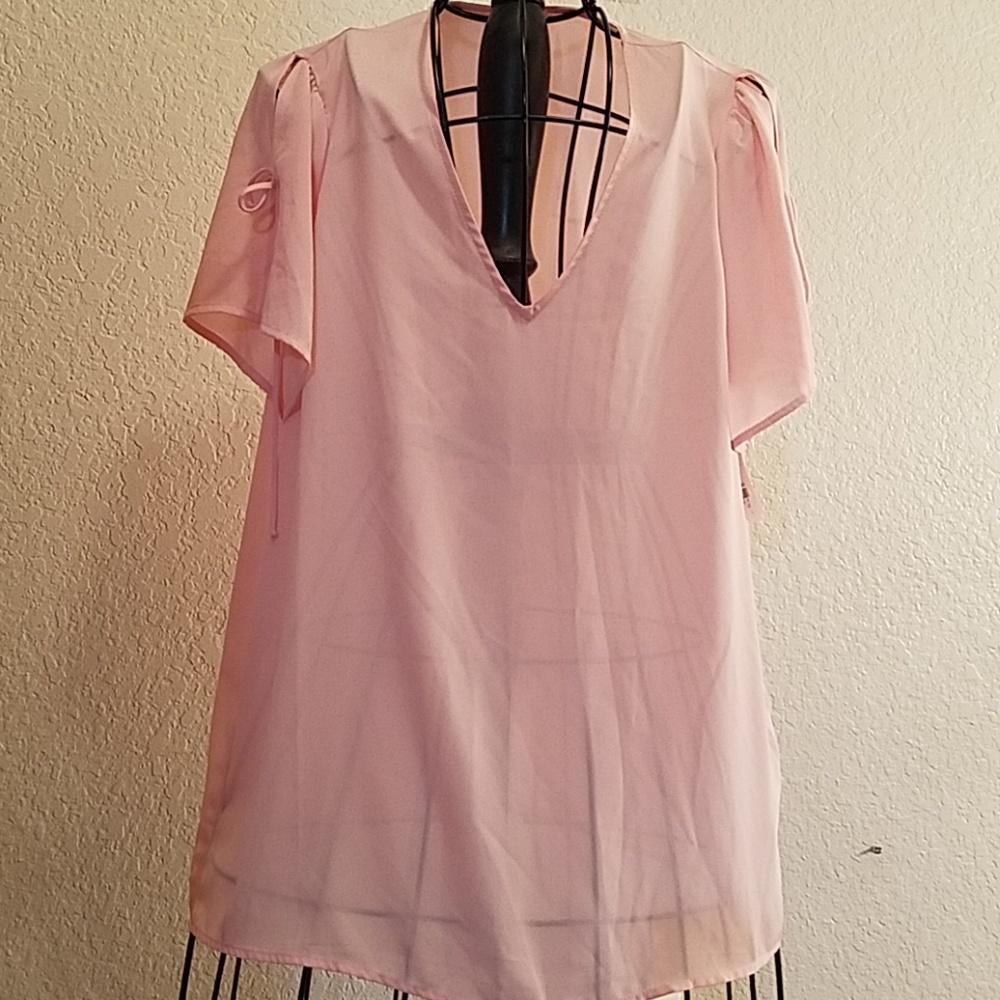 Pleione Peach Pink V Neck Tie Sleeve Blouse L